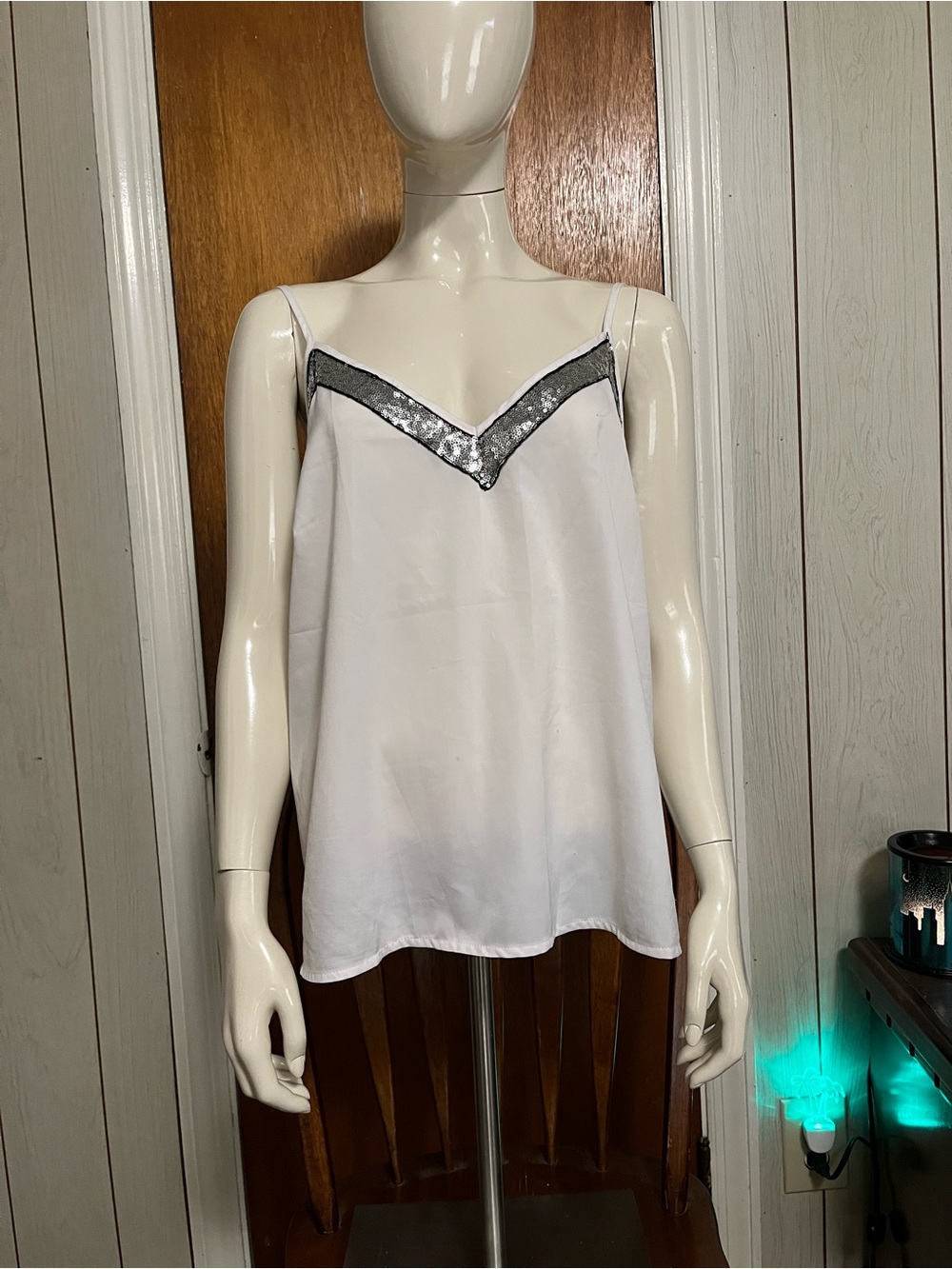 Silver-Trim White Sequin V-Neck Camisole